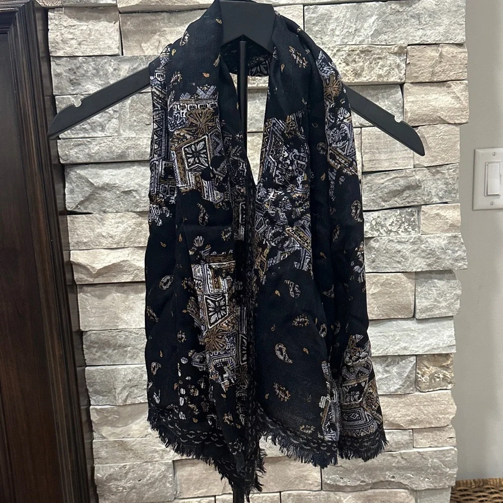 Treasure & Bond Black Paisley Print Scarf with Gold and White Accents